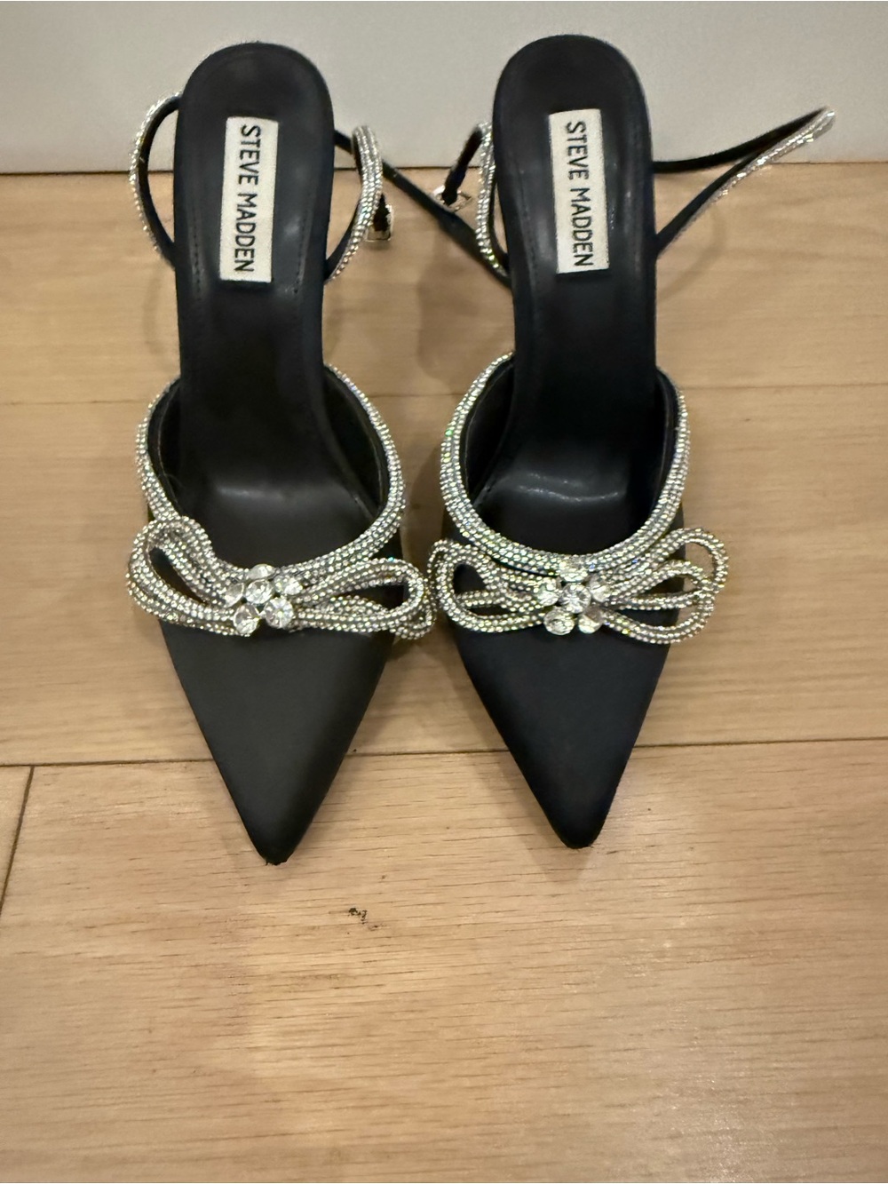 Steve Madden Black Pointed Slingback Heels with Rhinestone Bow